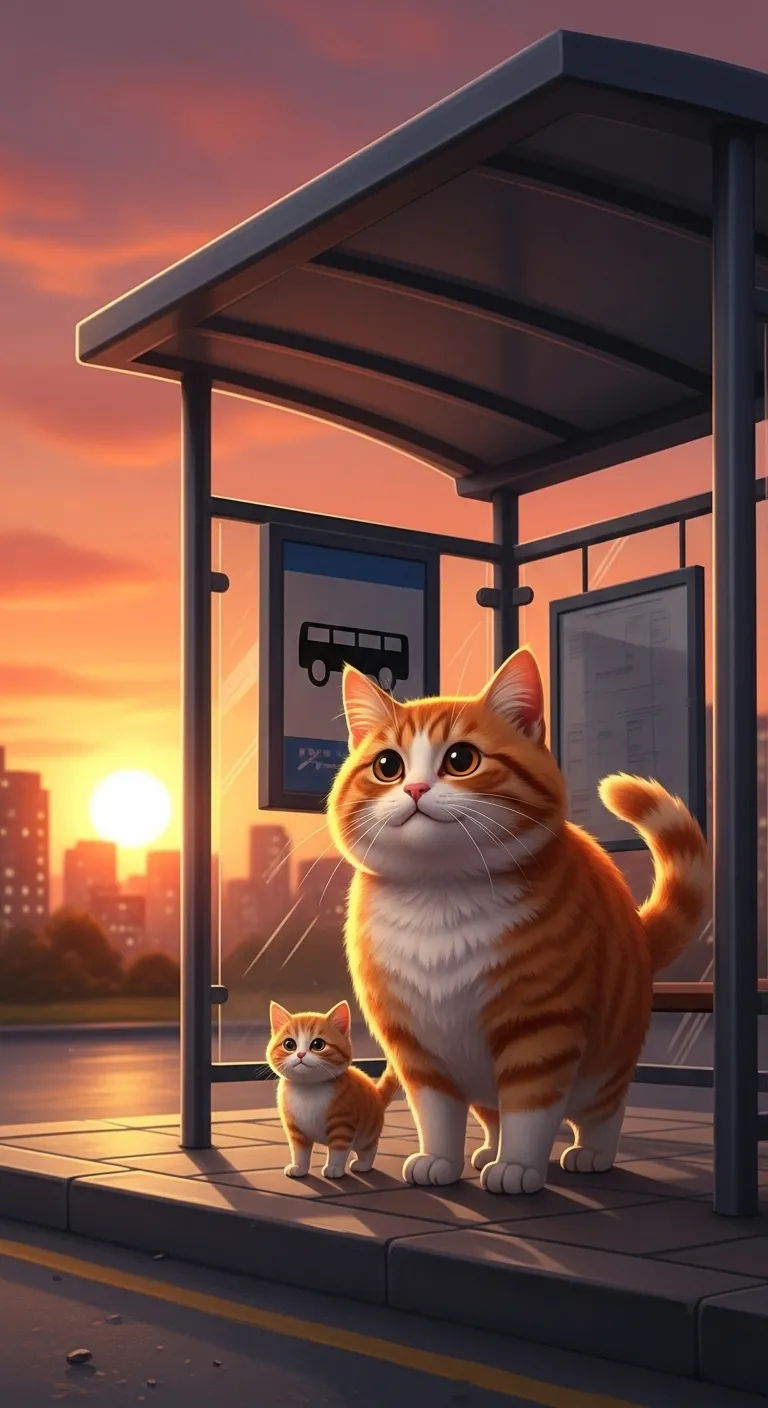 Chubby Orange Cat and Kitten Waiting for Bus