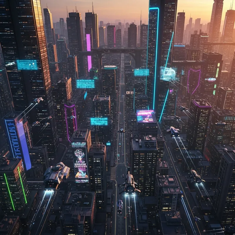 Bustling Cyberpunk Sunset Cityscape | Neon Lights & Drones