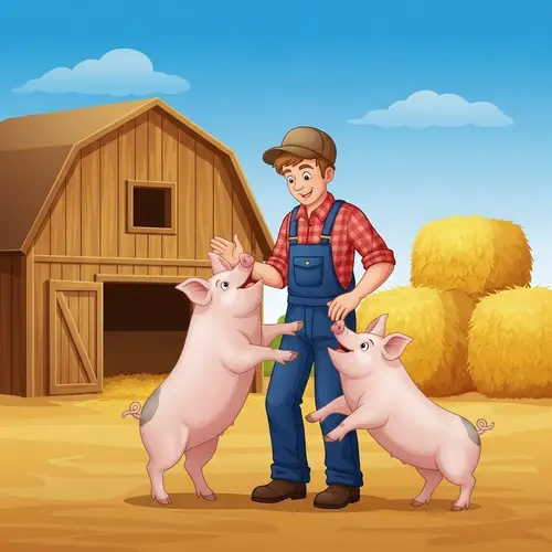 Playful Interaction: Farmer and Pigs in Rustic Farm Scene