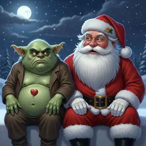 Grumpy Creature & Jolly Man: Unconventional Duo in Snowy Night | Website