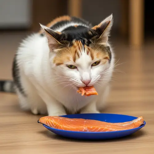 Colorful Cat Enjoying Salmon Meal Indoors