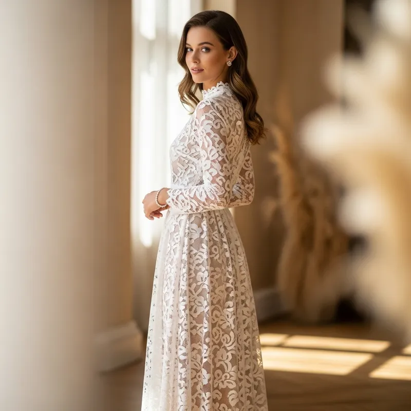 Elegant Women's White Lace Dress with Cinched Waist