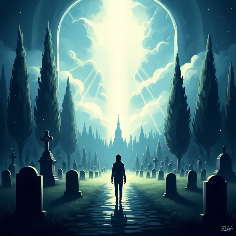 Surreal Cemetery: Serene Spiritual Sojourn Amidst Radiant Horizon
