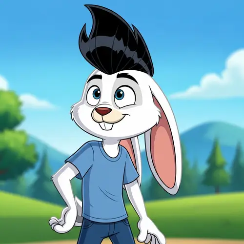 Male Cartoon Rabbit with White Fur and Black Hair