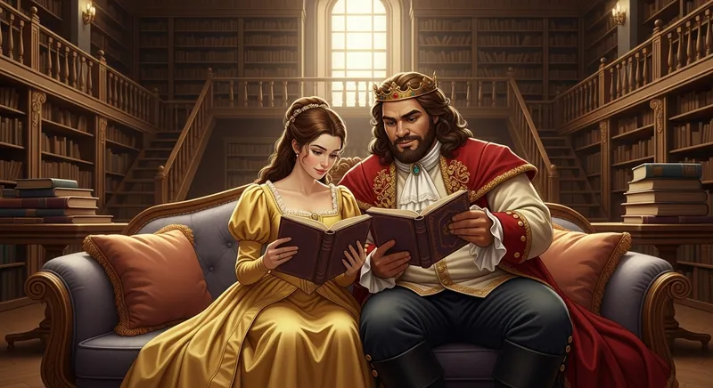 Vintage Fairy Tale Characters Reading in Library | Disney Belle & Adam