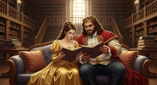 Vintage Fairy Tale Characters Reading in Library | Tranquil Scene