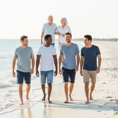 Supportive Parents Behind Their Adult Sons at the Beach