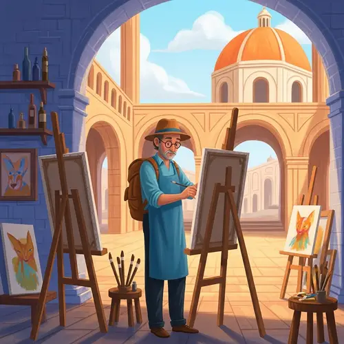 Principled Wanderlust-Filled Artist in Renaissance Art Studio