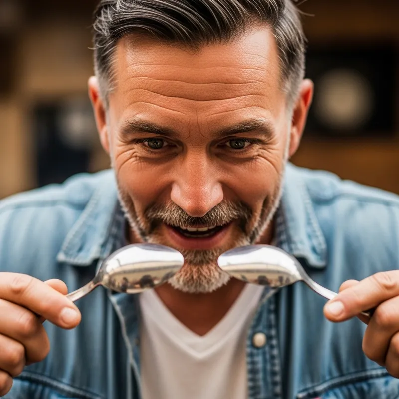 Captivating Spoon Performance: Middle-Aged Gentleman Playing Spoons Captivating Spoon Performance: Middle-Aged Gentleman Playing Spoons