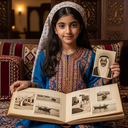 Qatari Girl in Traditional Attire with Vintage Photo Collection
