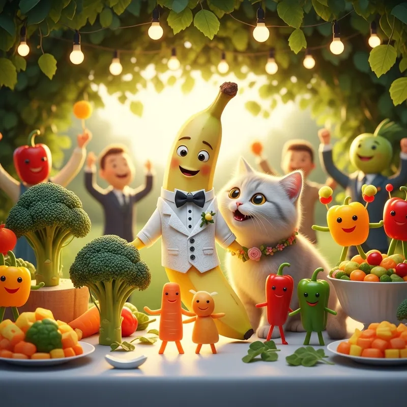 Banana and Cat Celebrate Wedding | Unique Fruit Party