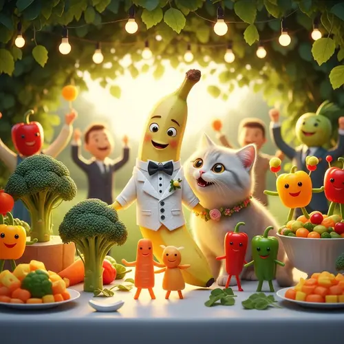 Joyful Banana Wedding with Cute Cat | Fruit & Vegetable Celebration