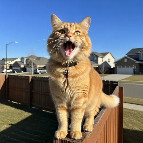 Majestic Orange Cat on Wooden Fence in Suburban Neighborhood