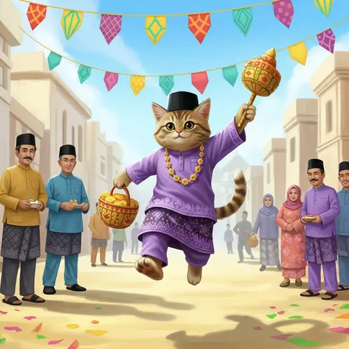 Playful Cat in Traditional Malay Raya Celebration