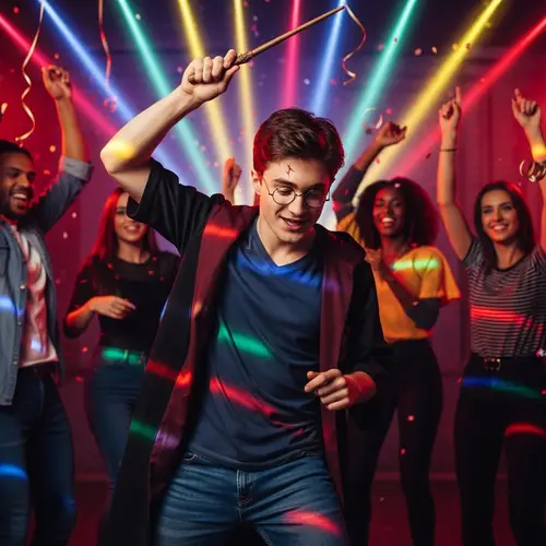 Young Wizard at Vibrant Party with Multicoloured Lights