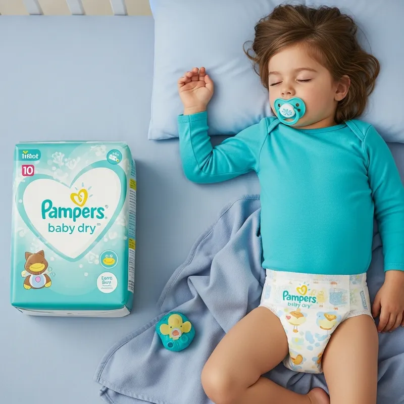 10-Year-Old Child in Pampers Baby Dry Diapers Sleeping in Crib