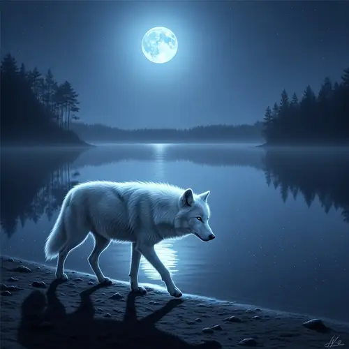 Elegant White Female Wolf by Serene Lakeside