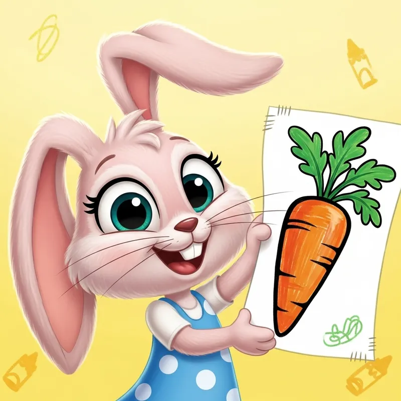 Playful Bunny Girl with Carrot Drawing - Cute Cartoon Character