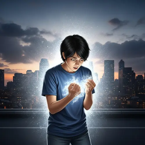 Ordinary Person Transforms into Superhero with Glowing Powers in Cityscape