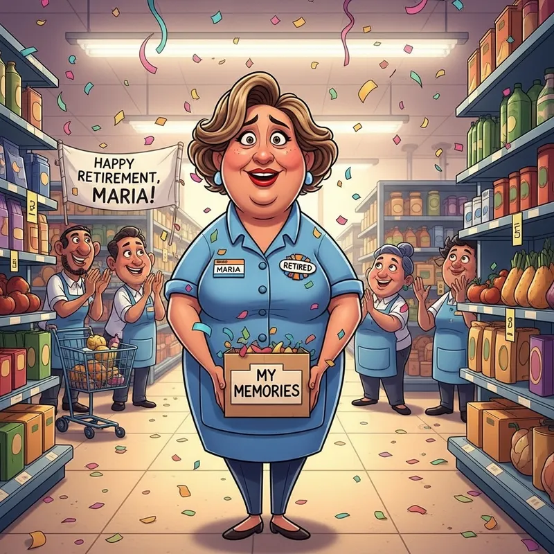 Whimsical Pixar Style: Hispanic Woman Retiring from Carrefour