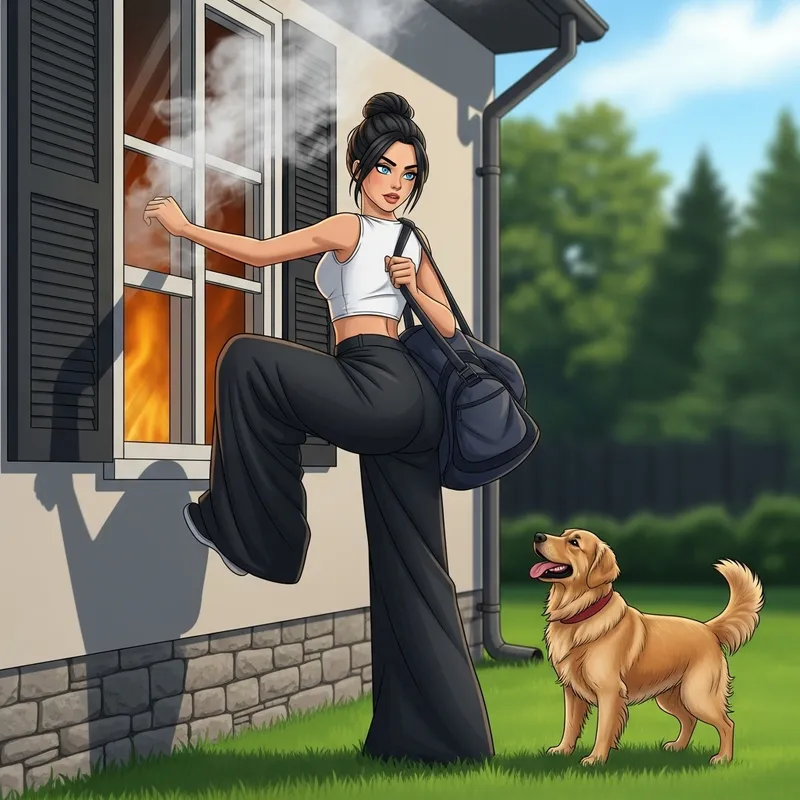 Young Woman with Blue Eyes Climbing Through Window with Black Pants and Golden Retriever