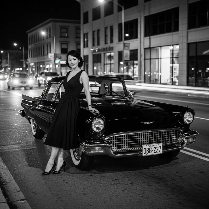 1957 Black Ford Thunderbird with Elegant Woman in Vintage Dress on City Night Street