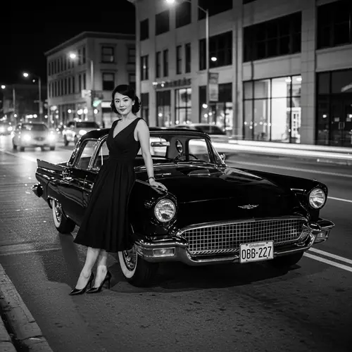 1957 Black and White City Street Scene with a Classic Thunderbird and Elegant Woman in Vintage Dress