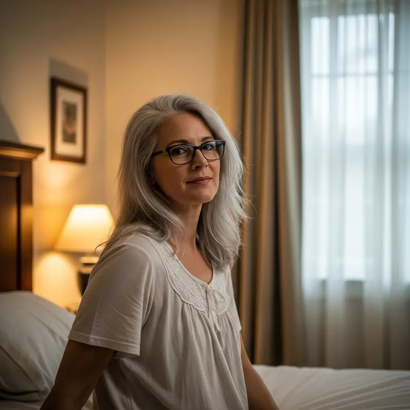 40-Year-Old Woman with Silver Blonde Hair in Bedroom Setting