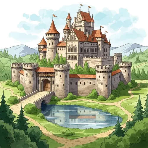 Intricately Designed Medieval Castle Watercolor Art