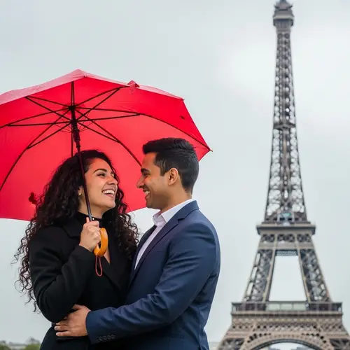 Romantic Couple Under Red Umbrella at Eiffel Tower