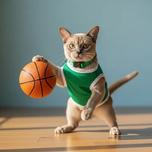 Playful Burmese Cat Dribbling Basketball in Vibrant Green Jersey