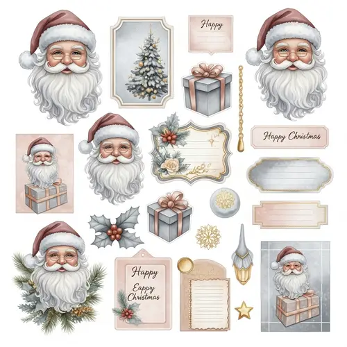 Hyperrealistic Christmas Elements in Soft Pastel Colors - Santa Claus, Stickers & Scrapbook