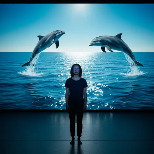 Solitary Figure in Sadness with Glowing Blue Eyes and Dolphins in the Distance