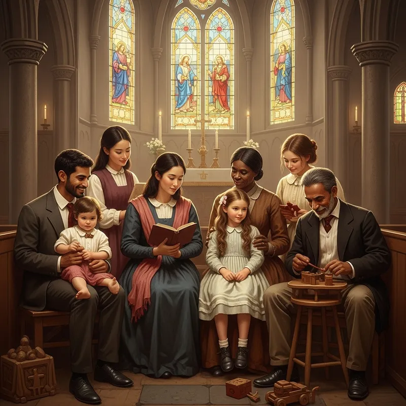 Vintage Family Unity in Church: Multicultural Scene