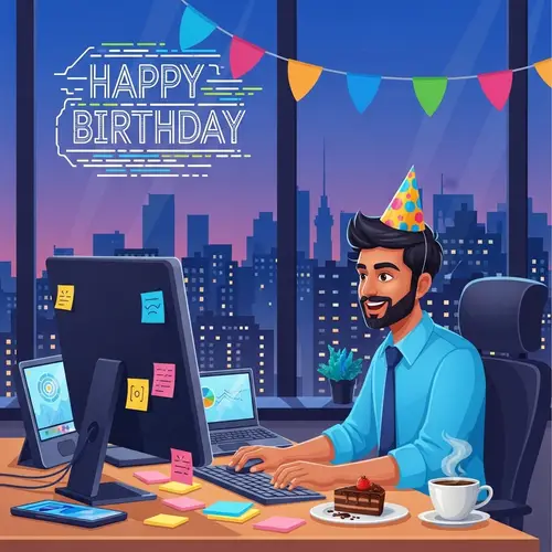 Birthday Card for IT Specialist | Celebration Scene with Coding Script Text
