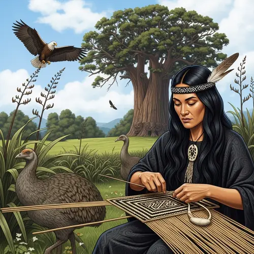 Maori Woman Weaving Kete | Traditional Craft in Flax Bush