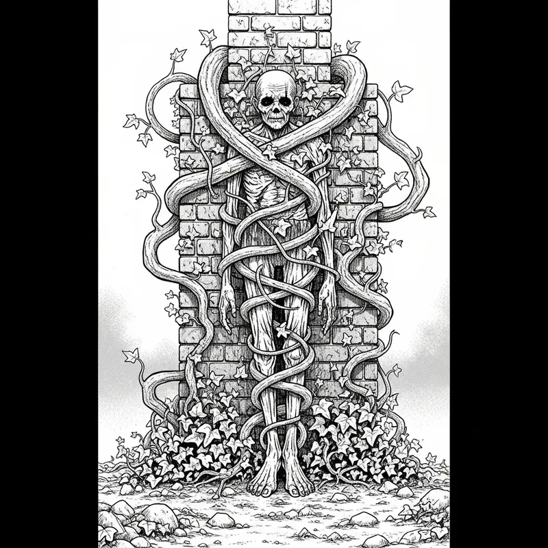 B&W Horror Manga Illustration of Appalachian Foothills and Old Human Body