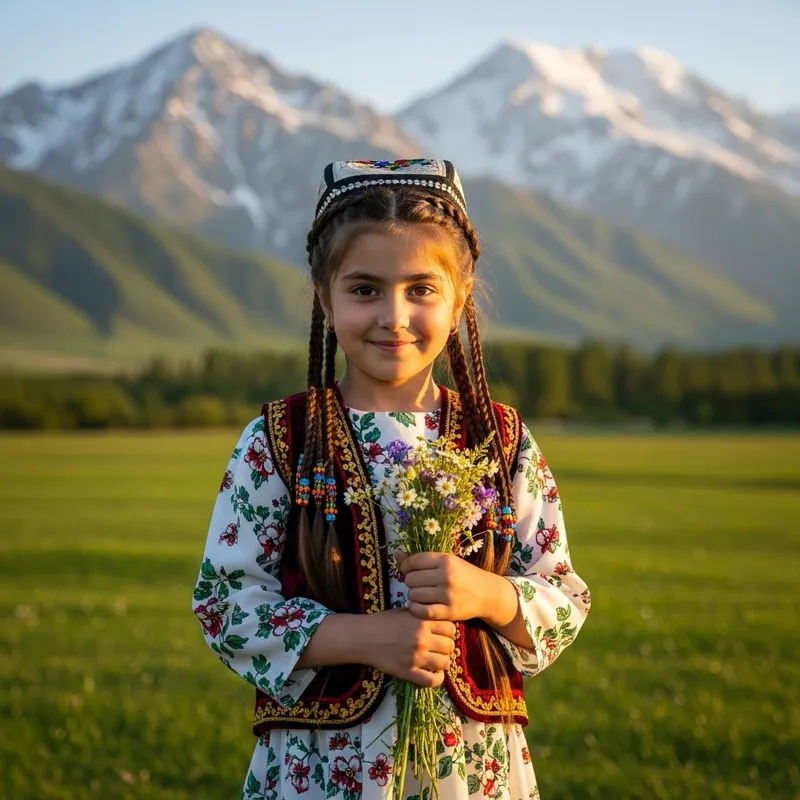 Young Tajik Girl in Traditional Clothing | Tranquil Mountain Meadow Scene