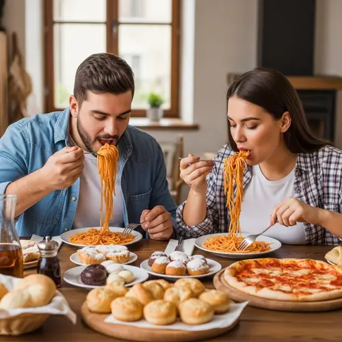 Italian Couple Indulging in Traditional Foods | Feast of Spaghetti, Sweets, Bread & Pizza