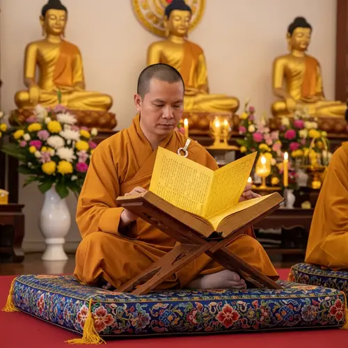 Asian Buddhist Monk Reading Tripitaka in Serene Temple