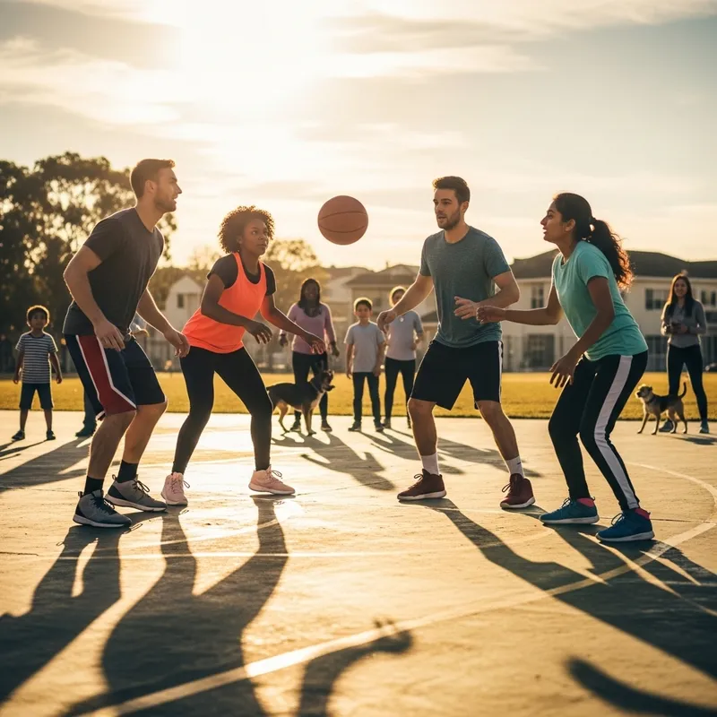 Vibrant Local Neighborhood Basketball Game at Dusk