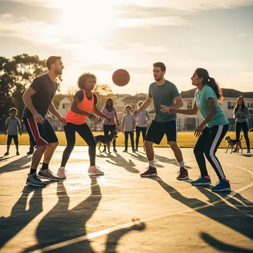 Local Neighborhood Sports Event: Intense Basketball Game at Dusk