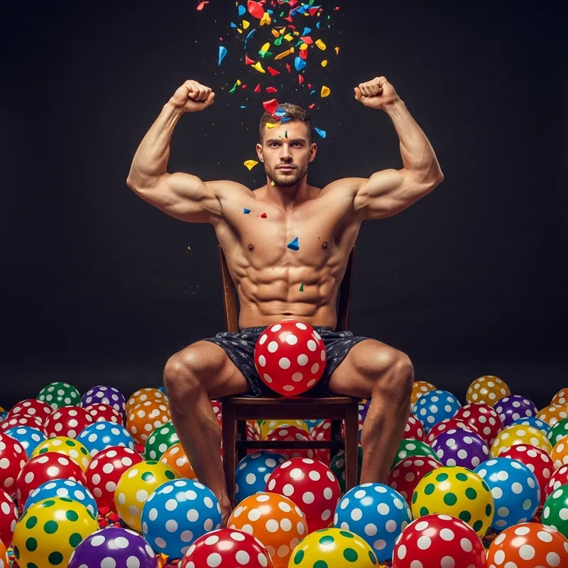 Strong Man Popping Colorful Balloons | Playful Strength Image Strong Man Popping Colorful Balloons | Playful Strength Image