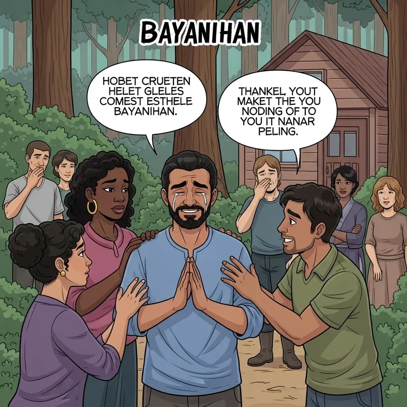 Bayanihan Unity Illustration in Forest: Heartfelt Gratitude Scene