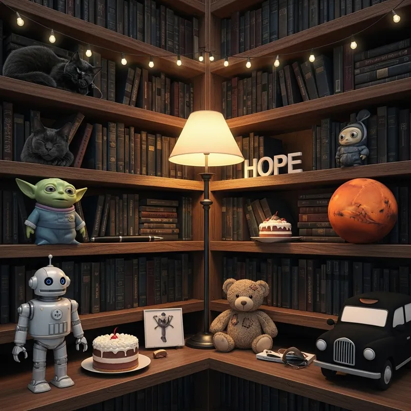 Enchanting Library Corner with Magical Creatures: Captivating Scene