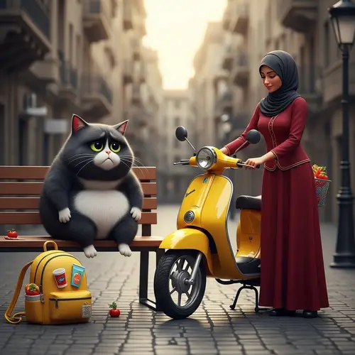 Chubby Animated Black Cat on Bench - Real Yellow Moped Scene