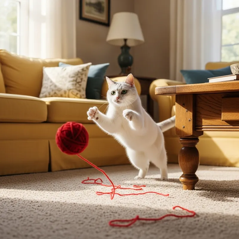 Playful White Cat with Green Eyes on Cozy Rug