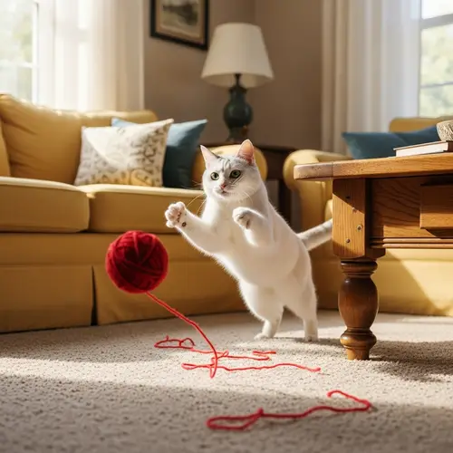 Playful Cat with White Fur and Green Eyes in Cozy Living Room