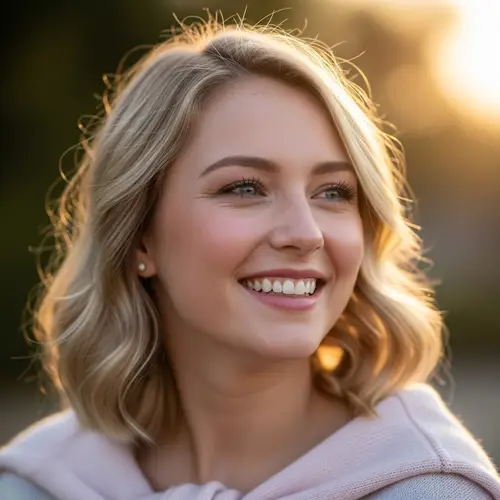 Enthusiastic Young Woman with Blonde Hair | Radiant Joy