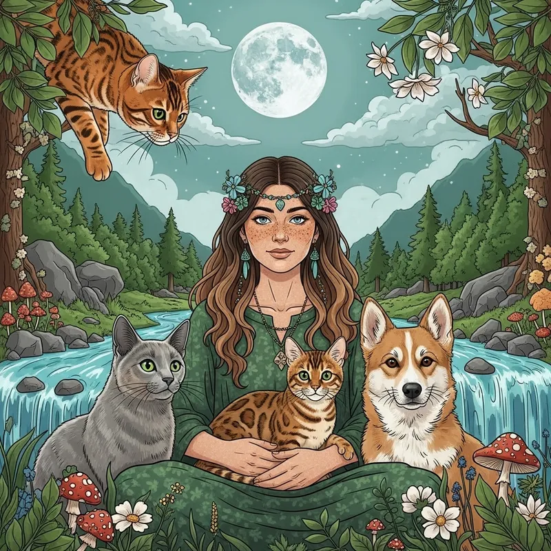 Enchanting Scene: Golden Bengal Cat, Shaman Woman, Animals in Nature Enchanting Scene: Golden Bengal Cat, Shaman Woman, Animals in Nature